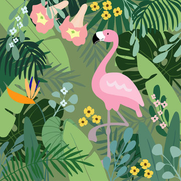 Summer tropical background. Flamingo bird with palm and banana leaves, monstera and datura flowers. Stock vector illustrations, flat design.