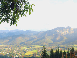 View on the Tatra Mountains and rural surroundings with houses and trees