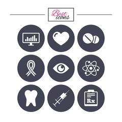 Medicine, medical health and diagnosis icons.