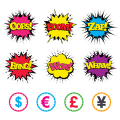 Dollar, Euro, Pound and Yen currency icons.