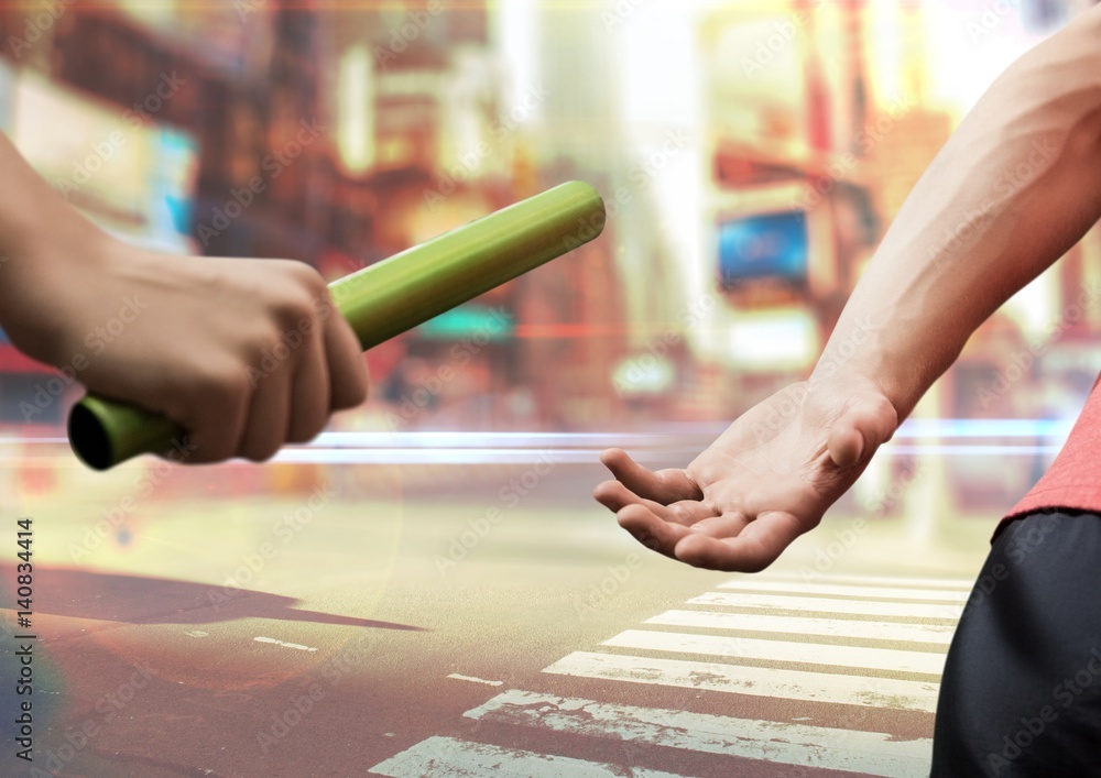 Poster digital composite image of hands passing the baton