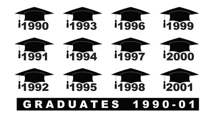Text with graduation hat  1990-2001 set on a white illustration