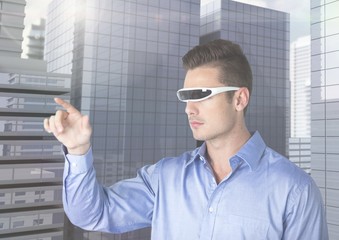 Man using virtual reality glasses and interface screen