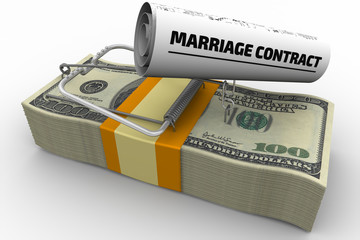 Dangerous marriage contract. Mousetrap from pack of American dollars with bait in form of sheet with text "MARRIAGE CONTRACT"