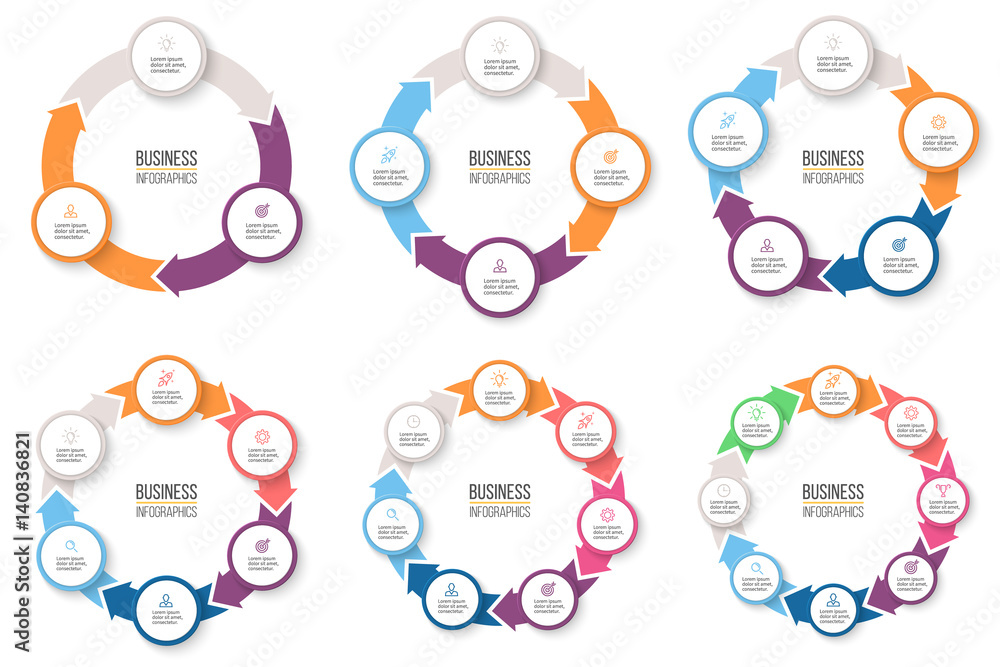 Poster business infographics. circular arrows with 3-8 steps, options. vector pie charts.