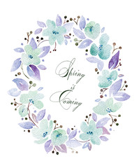 Watercolor frame with lovely blue flowers. Floral wreath. Can be used for  mothers day, valentines day, birthday cards, wedding invitations. 