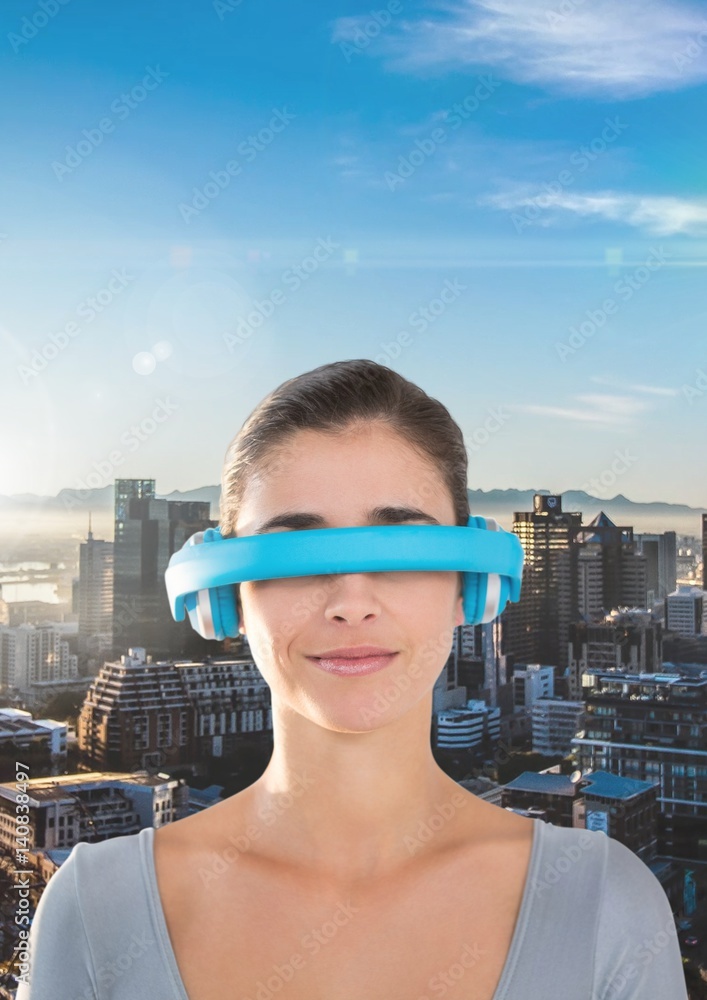 Poster digital composite image of woman using virtual reality headset
