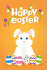 Obraz na płótnie Canvas Easter greeting card of happy rabbit and eggs