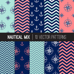 Girly Nautical Patterns in Navy Blue, Coral Pink and Aqua Chevron, Anchors and Compasses Patterns. Soft Pastel Colors Nautical Backgrounds. Vector Pattern Tile Swatches Included