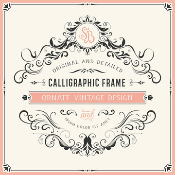 Square vintage ornate template with monogram and typographic design. Vector illustration.