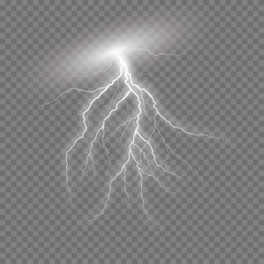 Realistic vector lightning on checkered background. Bright, electric lightning.