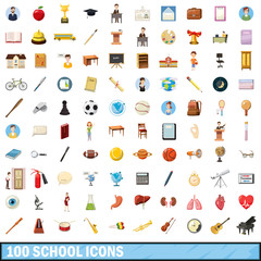 100 school  icons set, cartoon style