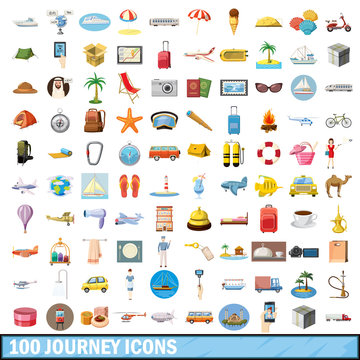 100 journey  icons set, cartoon style