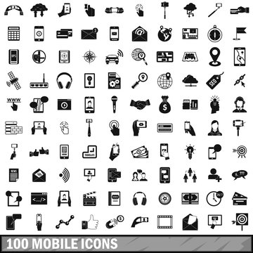 100 mobile icons set, simple style 