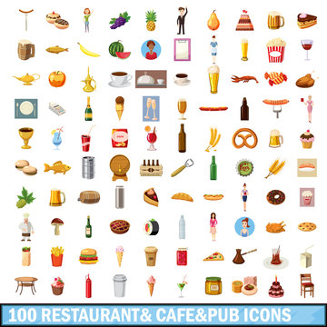 100 restaurant cafe icons set, cartoon style