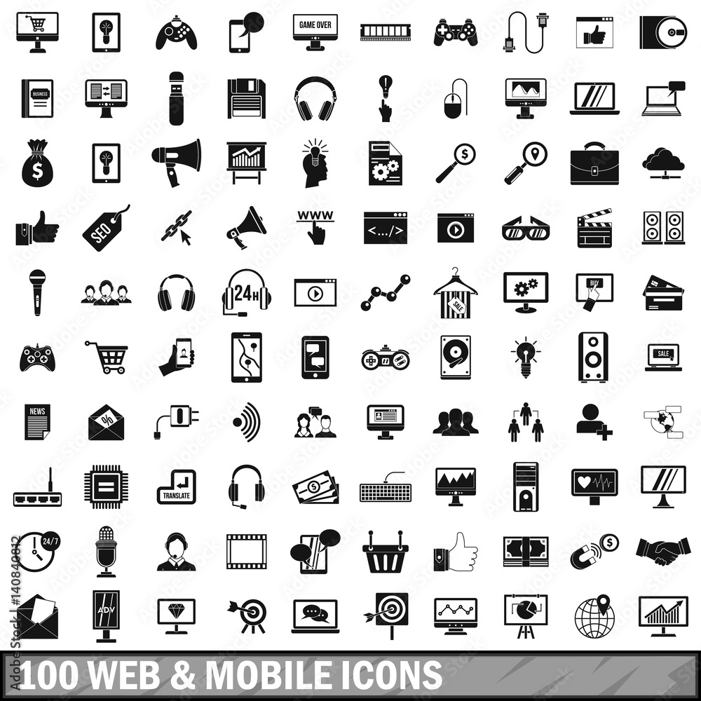 Poster 100 web and mobile icons set, simple style