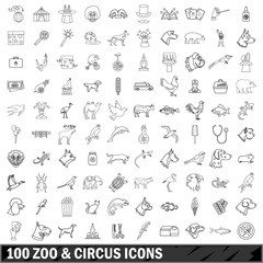 100 zoo and circus  icons set, outline style