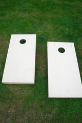 Cornhole Boards from Above on Grass Vertical