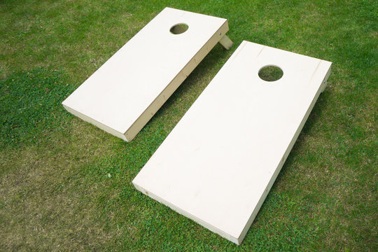 Wooden Cornhole Boards on Grass
