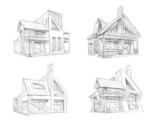 Hand drawn cottage house sketch design set. Vector illustration