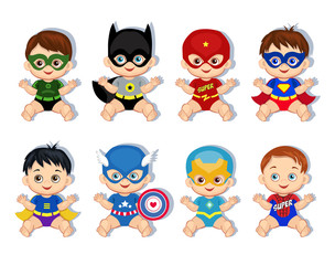 Illustration  group of cute babies boys in costumes of superheroes.