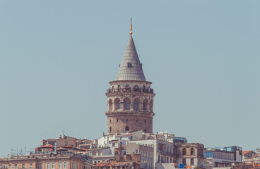 Fototapeta na wymiar View of the Galata Tower in Istanbul Turkey with blue sky background