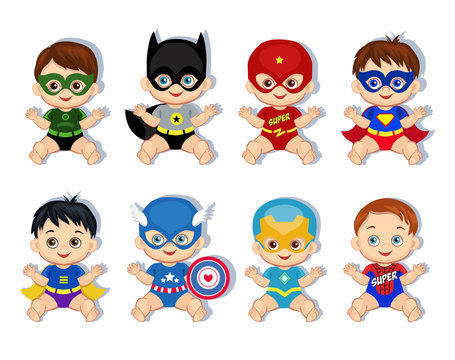 Illustration  group of cute babies boys in costumes of superheroes.