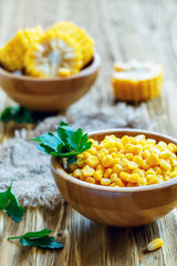 Sweet corn in a wooden bowl.