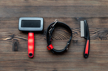 grooming tools concept on wooden table background top view mock-up