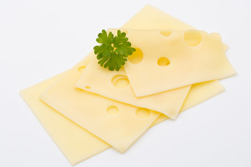 Cheese slices on white background cutout.