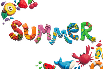 Handmade plasticine and clay putty poster of summer typography and objects. Summer lettering. 