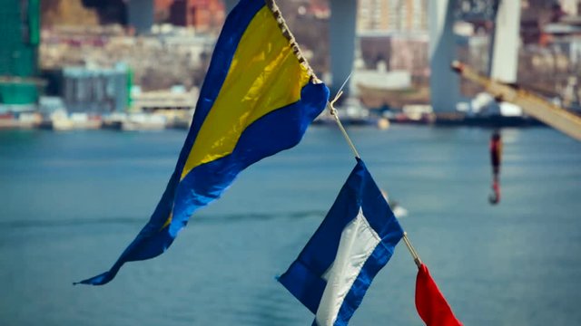 Sea Port. Different Country Flags Waving on the Wind. Blue Water. City Buildings on the Shore. Blurry Background. Closeup