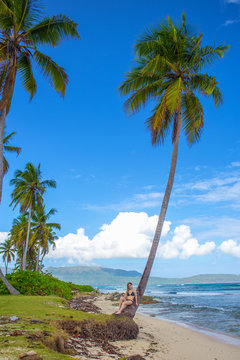 young girl sitting under the high palm tree. Tropical landscape, caribbean view