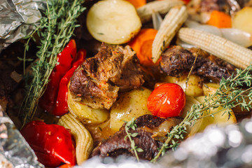 Fried potato with herbs, rosemary, small corn cobs-2
