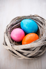 Easter eggs in the nest. Spring discount card.