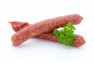 Smoked sausage salami isolated on a white background.