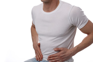 Man with stomach pain. Digestive system, Urinary Tract Infection problems.