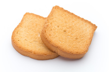 Slices of toast bread on wooden table, top view.