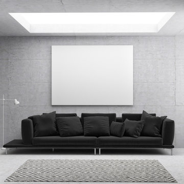 White poster in Scandinavian living room background, 3d illustration