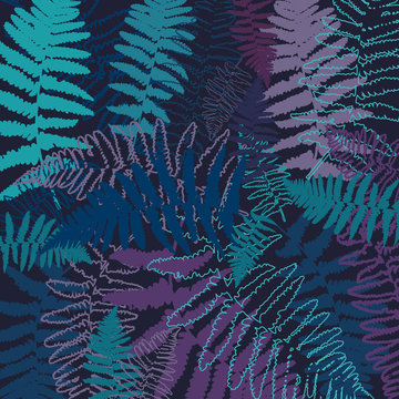Vector floral background with hand drawn fern leaves.Thin lines outlines in different shades of purple, blue, aqua, turquoise on dark background.

