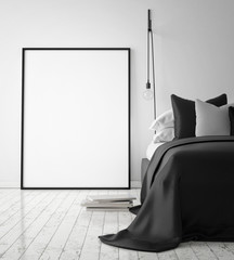 mock up poster frame in hipster bedroom interior background, scandinavian style, 3D render, 3D illustration