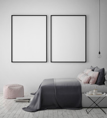 mock up poster frame in hipster bedroom interior background, scandinavian style, 3D render, 3D illustration