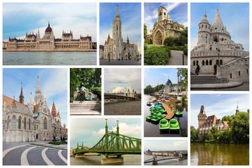 Collage with famous monuments in Budapest, Hungary