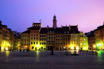 Old town square at night in Warsaw, Poland