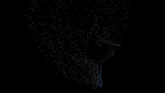 Slow motion computer graphics of bright particles, girl ballerina dance