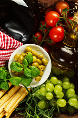 Obraz na płótnie Canvas Products of italian or greek cuisine. Mediterranean food. Top view. Food concept.