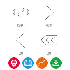 Arrows icons. Right direction, repeat linear signs. Next, back arrows flat line icons. Award medal, growth chart and opened book web icons. Download arrow. Vector