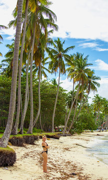 Girl standing on the tropical beach with high coconut palm trees. Dominican Republic