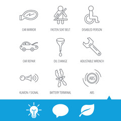 Car mirror repair, oil change and wrench tool icons. ABS, klaxon signal and fasten seat belt linear signs. Disabled person icons. Light bulb, speech bubble and leaf web icons. Vector