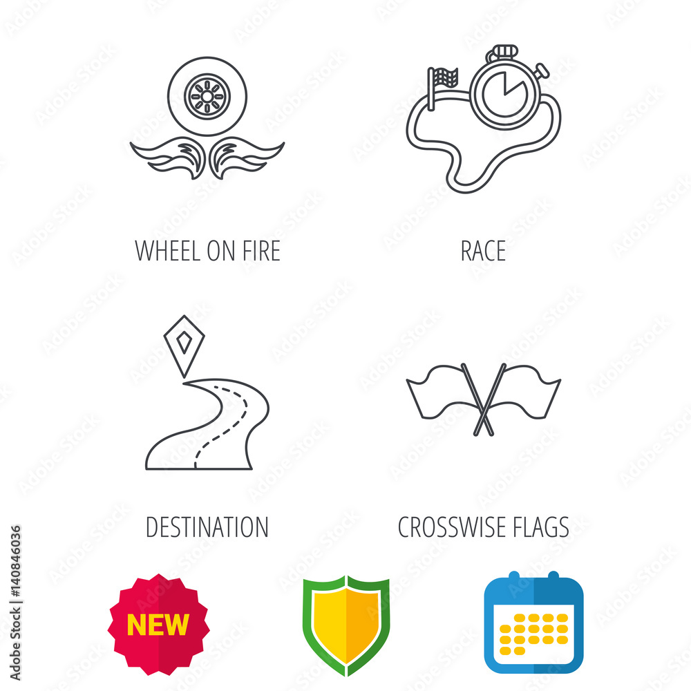 Poster race flags, timer and destination pointer icons. wheel on fire linear sign. shield protection, calen
